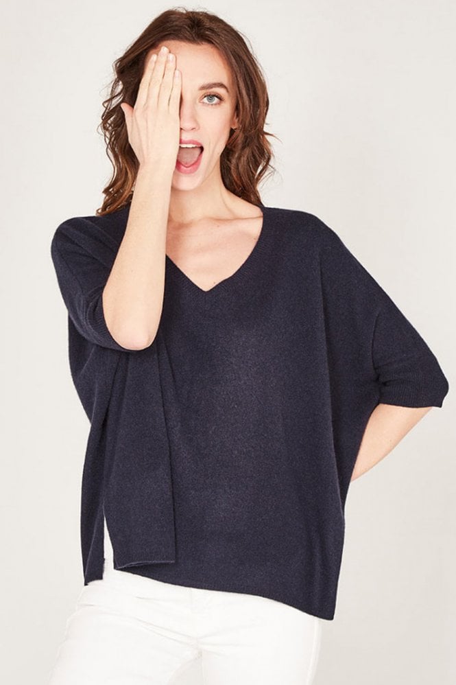 Absolut Cashmere Kate V Neck Short Sleeve Jumper in Navy