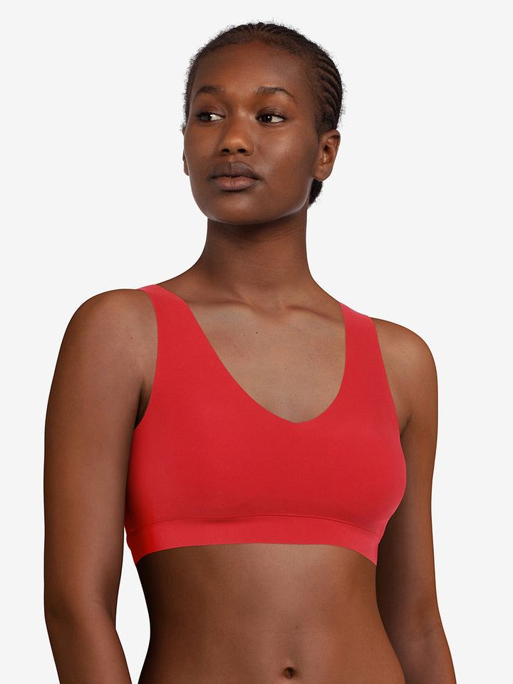 Chantelle Soft Stretch Padded V-Neck Crop Top Wireless Lounge Bra in Poppy Red