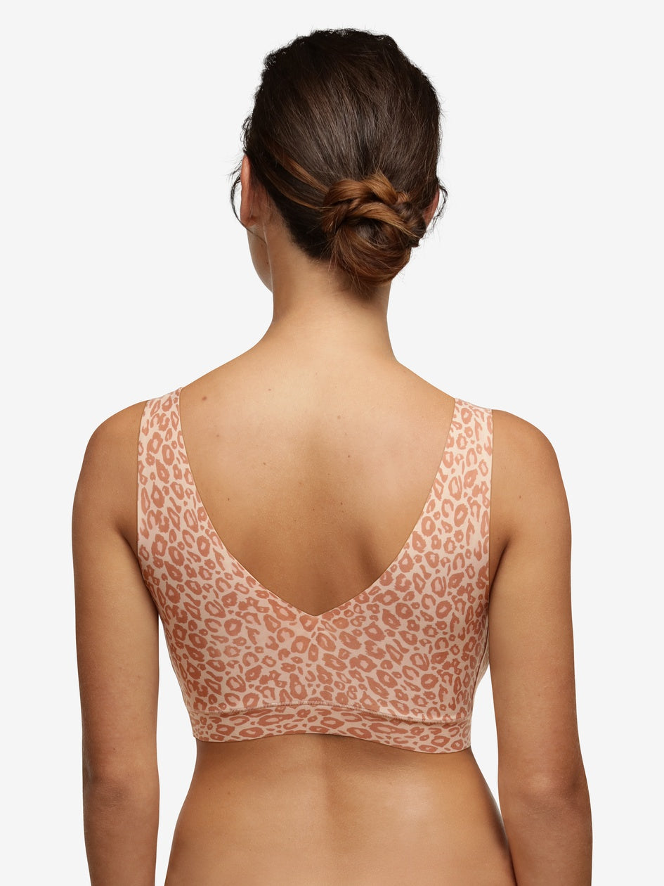 Chantelle Soft Stretch Padded V-Neck Crop Top Wireless Lounge Bra in Leo Neutral Print