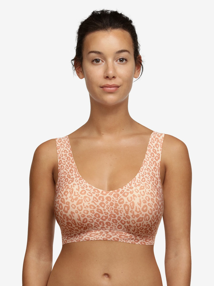 Chantelle Soft Stretch Padded V-Neck Crop Top Wireless Lounge Bra in Leo Neutral Print